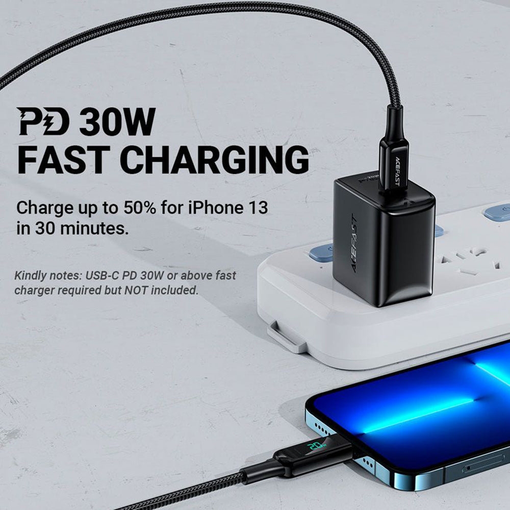 Câble de données et de charge USB-C - Lightning Acefast C6-01 Display, 20W, 1.2m, Noir