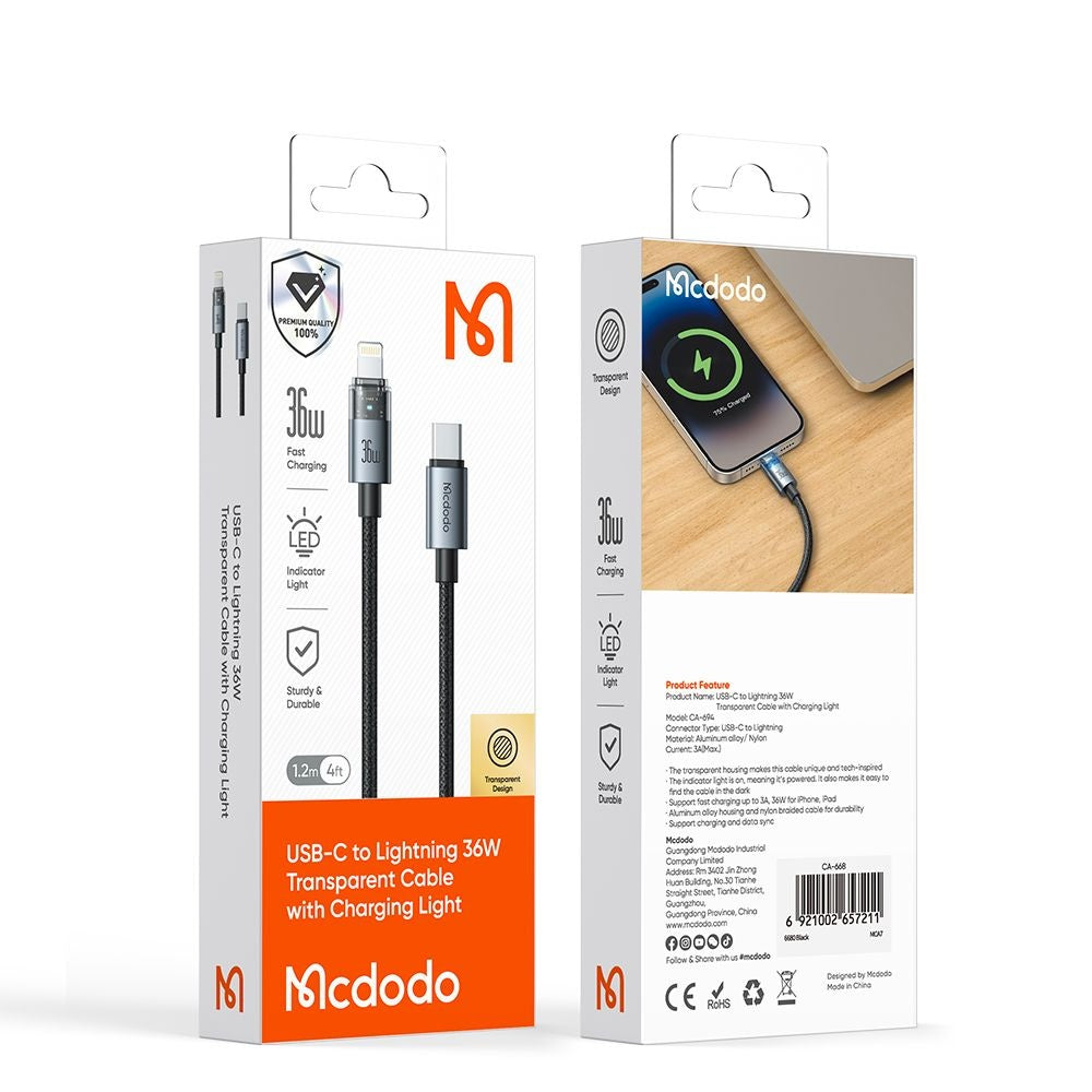 Câble de Données et de Charge USB-C - Lightning McDodo CA-6940, 36W, 1.2m, Noir