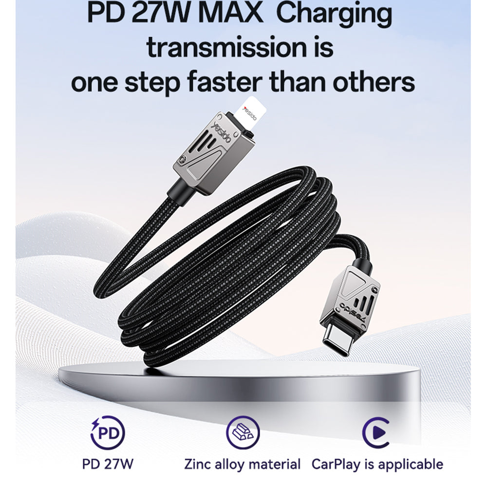 USB-C - Lightning Data- en Oplaadkabel Yesido CA195, 27W, 1.2m, Zwart