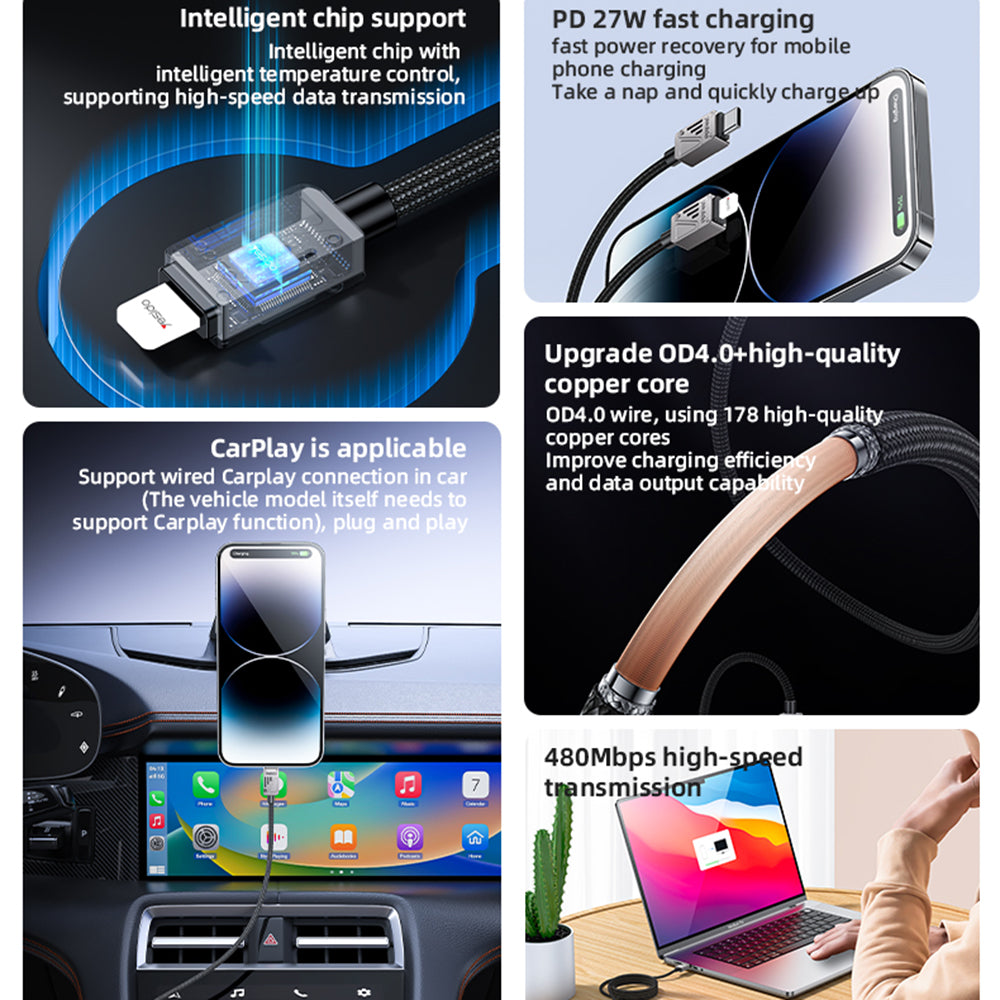 USB-C - Lightning Data- en Oplaadkabel Yesido CA195, 27W, 1.2m, Zwart