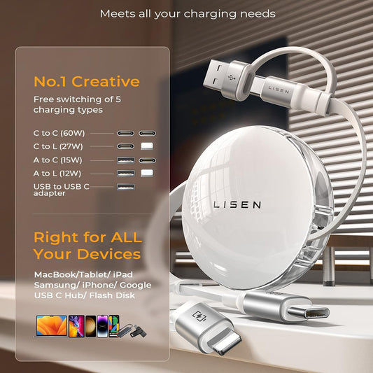 Câble de données et de charge USB-C / USB-A - USB-C / Lightning Lisen, 60W, 1m, Blanc YL0123030001