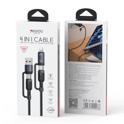 Daten- und Ladekabel USB-C / USB-A - USB-C / Lightning Yesido CA200, 60W, 1,2m, Schwarz