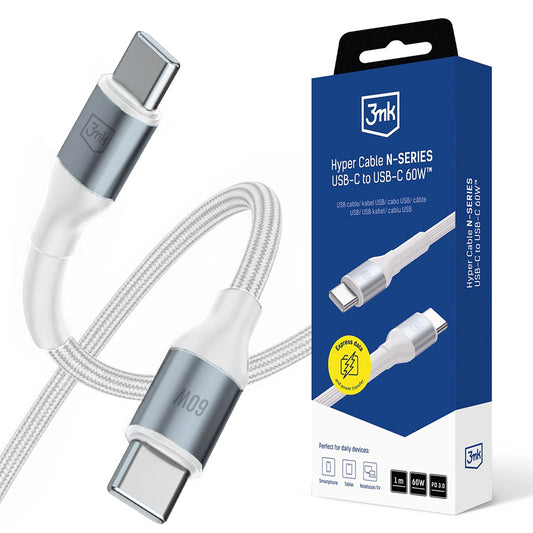 USB-C Data- en Oplaadkabel - USB-C 3MK Hyper N, 60W, 1m, Wit