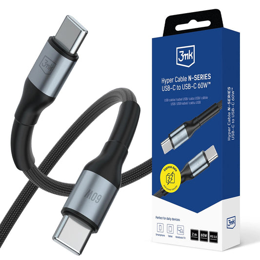 Data- en Oplaadkabel USB-C - USB-C 3MK Hyper N, 60W, 2m, Zwart