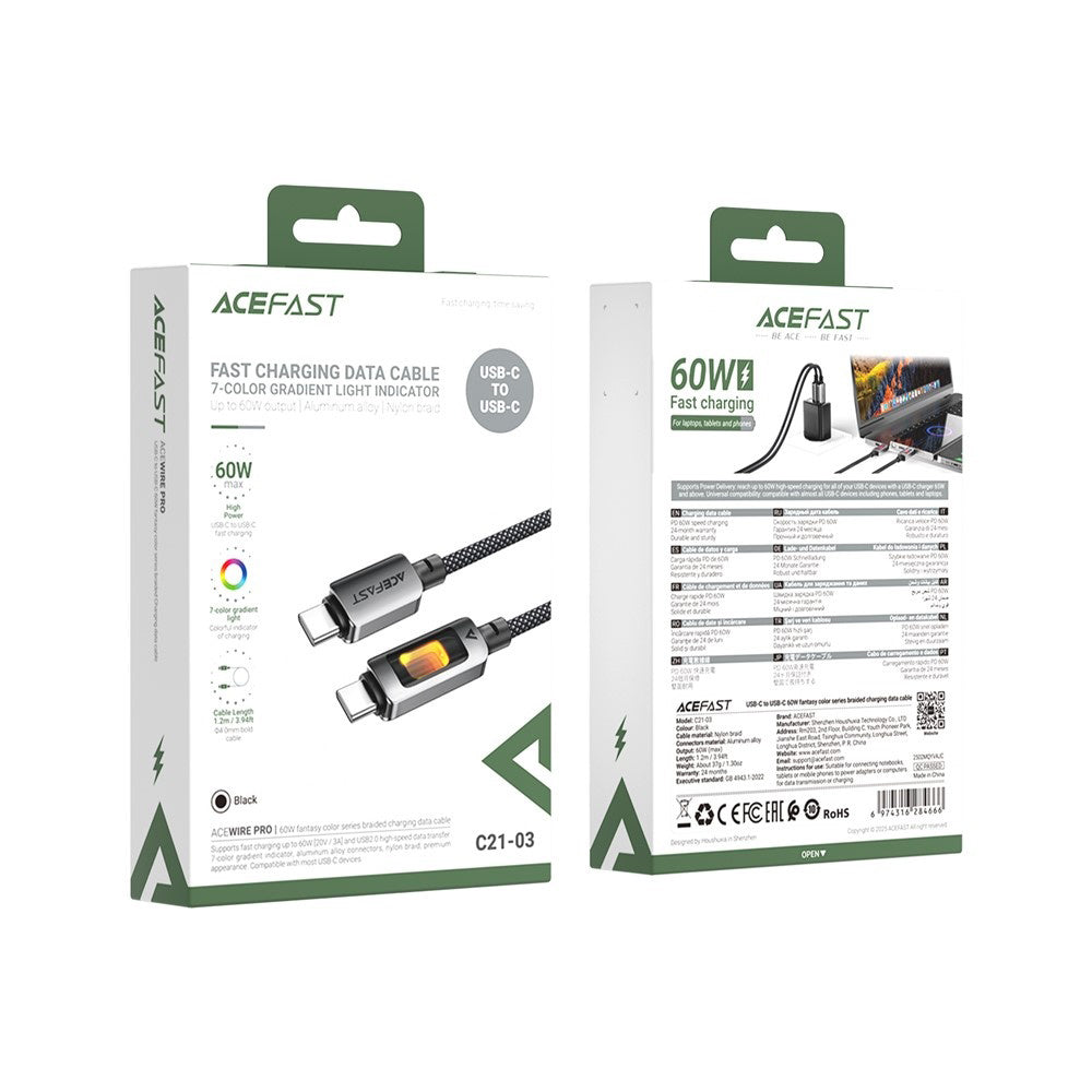 Câble de données et de charge USB-C - USB-C Acefast C21-03, 60W, 1.2m, Noir