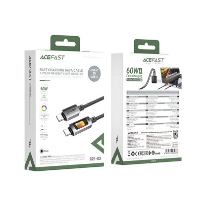Câble de données et de charge USB-C - USB-C Acefast C21-03, 60W, 1.2m, Noir