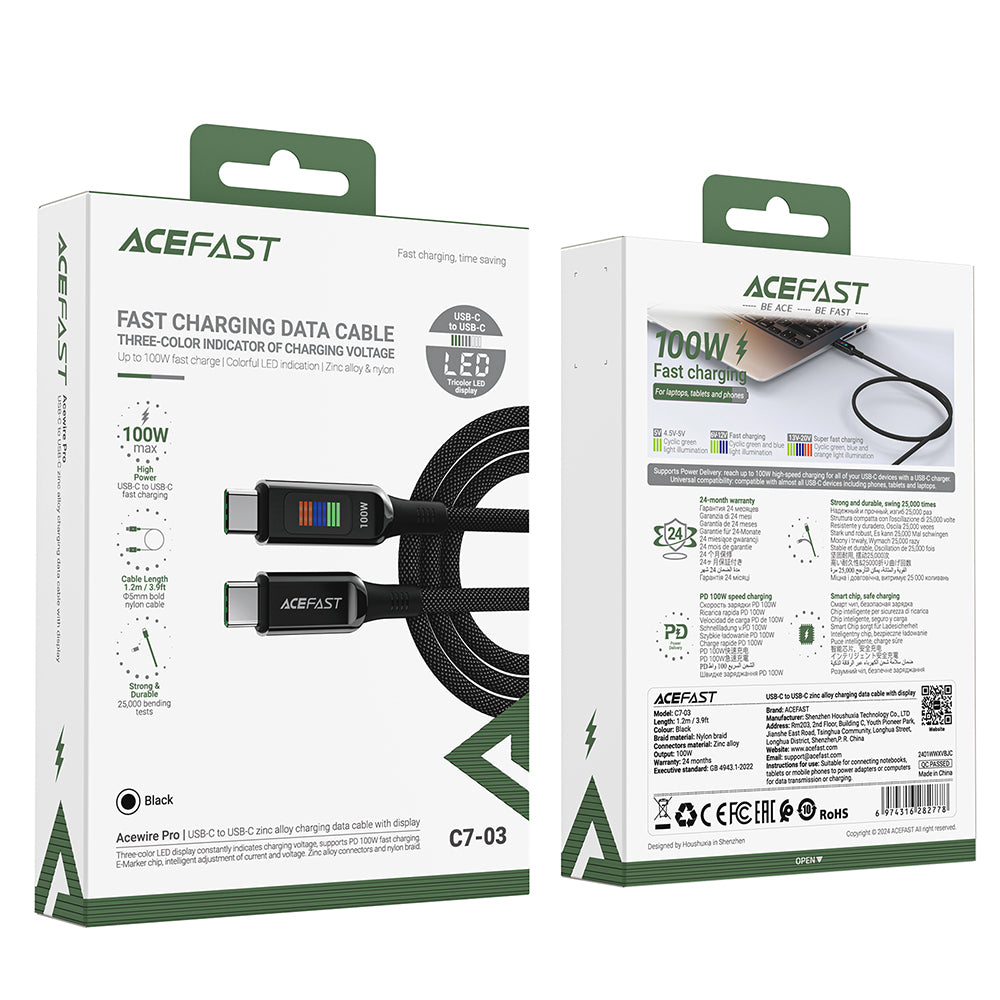 USB-C Daten- und Ladekabel - USB-C Acefast C7-03, 100W, 1,2m, Schwarz