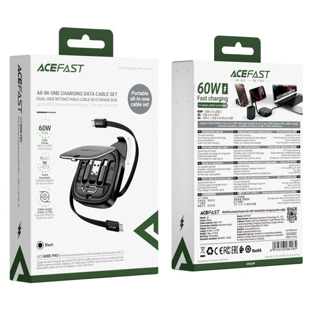 Câble de Données et de Charge USB-C - USB-C Acefast Travel J3, 60W, 0.95m, Noir