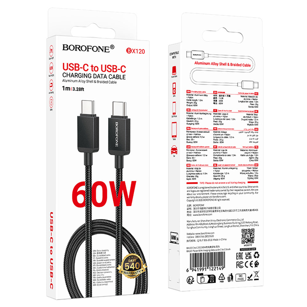Câble de Données et de Charge USB-C - USB-C Borofone BX120 Placer, 60W, 1m, Noir