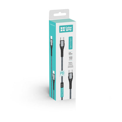 Câble de Données et de Charge USB-C - USB-C ColorWay CW-CBPDCC040, 65W, 1m, Gris