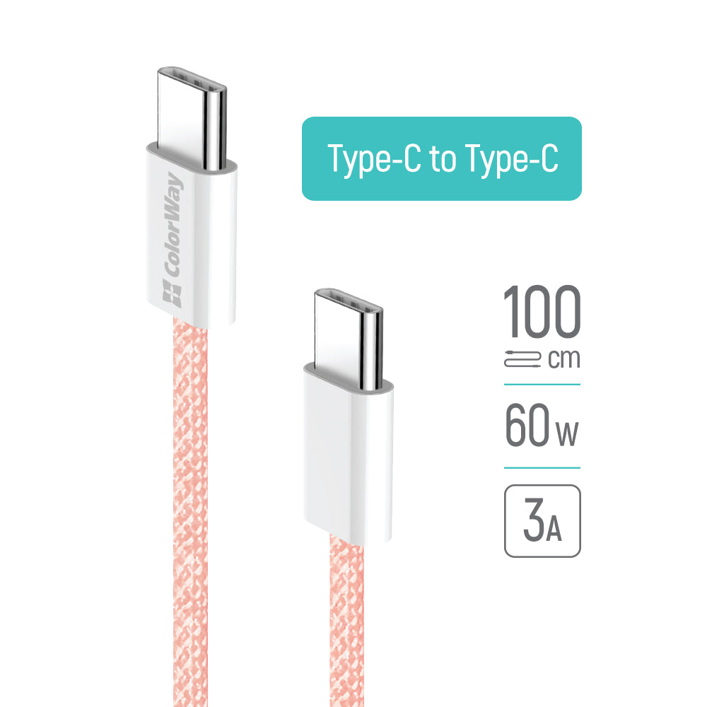 USB-C Data- en Oplaadkabel - USB-C ColorWay CW-CBPDCC061, 60W, 1m, Roze