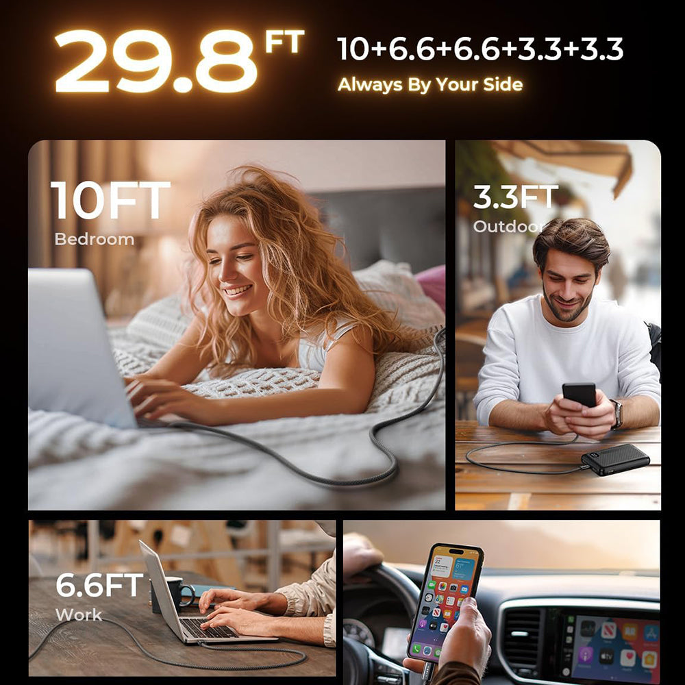 Câble de Données et de Charge USB-C - USB-C Lisen, 60W, Set 5 pièces (2 x 1m, 2 x 2m, 1 x 3m), Noir YL0123070010