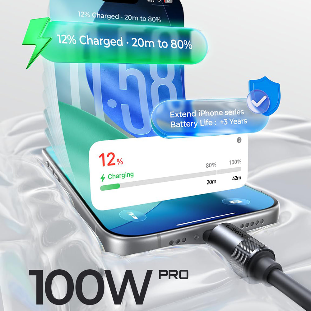 Câble de Données et de Charge USB-C - USB-C Lisen L115, 100W, 3m, Noir YL0125040001