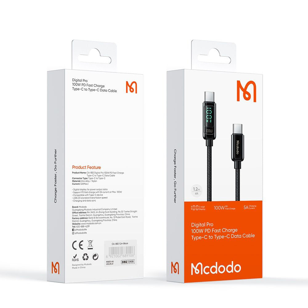Câble de Données et de Charge USB-C - USB-C McDodo CA-8820 Display, 100W, 1.2m, Noir