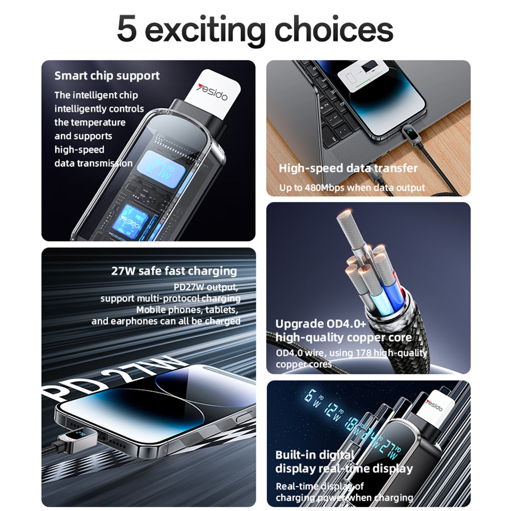 USB-C - USB-C Daten- und Ladekabel Yesido CA180 Display, 27W, 1.2m, Schwarz