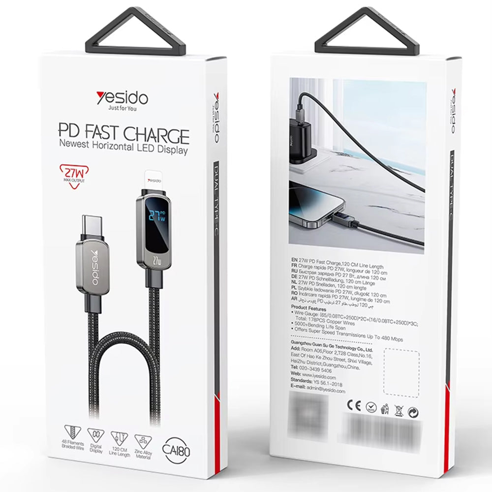 USB-C - USB-C Daten- und Ladekabel Yesido CA180 Display, 27W, 1.2m, Schwarz