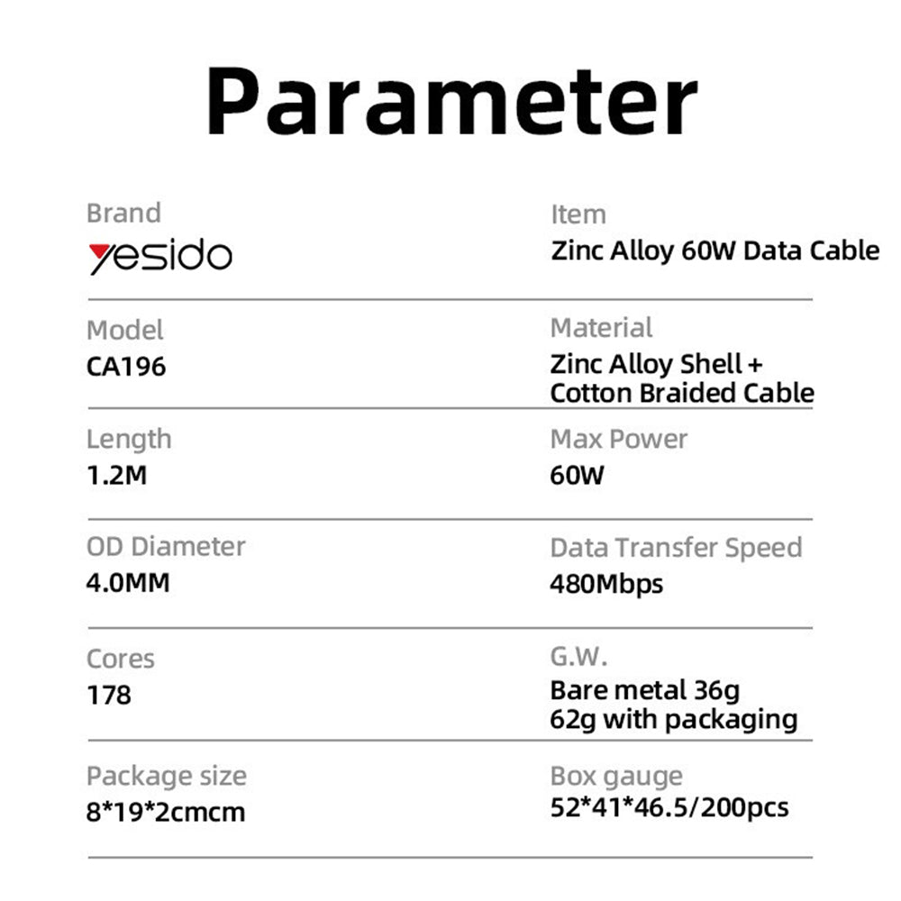 Câble de Données et de Charge USB-C - USB-C Yesido CA196, 60W, 1.2m, Noir