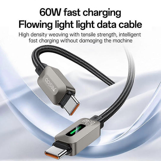 Câble de données et de charge USB-C - USB-C Yesido CA198, 60W, 1,2m, Noir