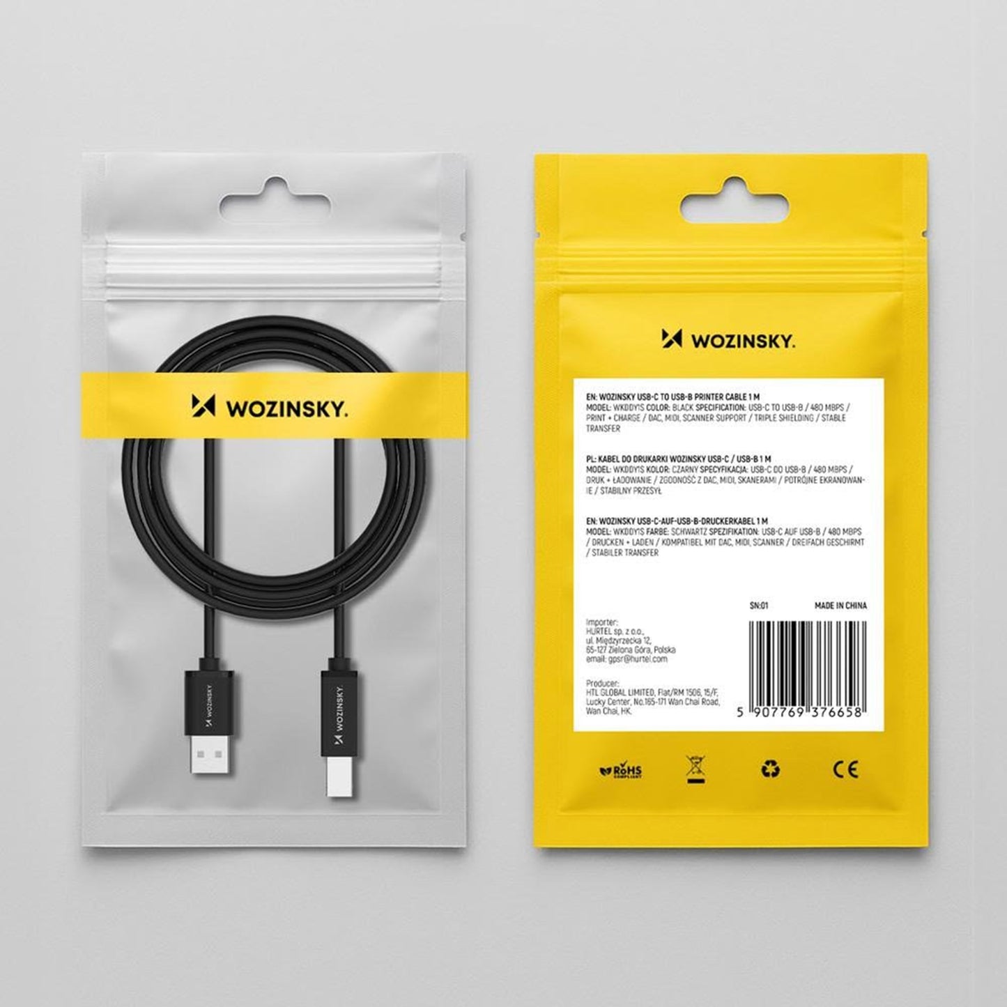 WZK WKDDY3S Printerkabel, USB-A - USB-B, 2m, Zwart