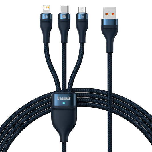 Câble de Chargement USB-A - Lightning / microUSB / USB-C Baseus Flash Series II 3en1, 100W, 1.2m, Bleu CASS030003