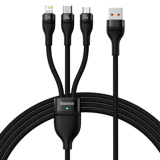 Câble de Chargement USB-A - Lightning / microUSB / USB-C Baseus Flash Series II 3en1, 100W, 1.2m, Noir CASS030001