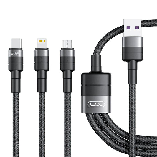 Câble de Chargement USB-A - Lightning / microUSB / USB-C XO Design NB-Q191 3en1, 66W, 1.2m, Noir