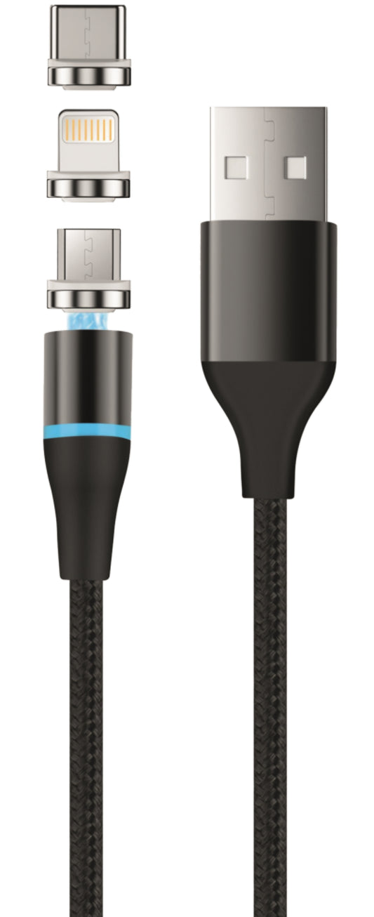 USB-A - Lightning / microUSB / USB-C Setty Magnetic DT 3in1 Oplaadkabel, 12.5W, 1m, Zwart