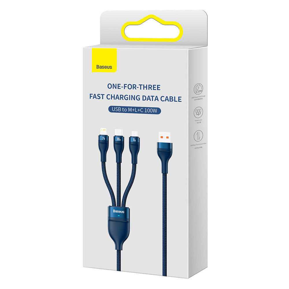 Ladekabel USB-A - Lightning / microUSB / USB-C Baseus Flash Series II 3in1, 100W, 1.2m, Blau CASS030003