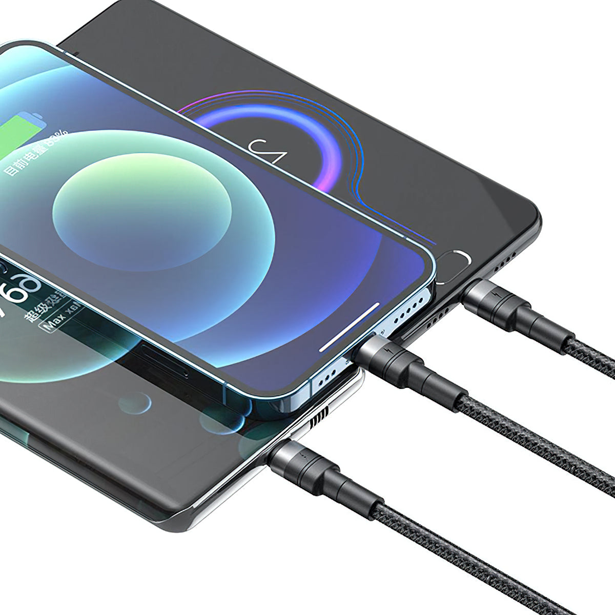 Câble de Chargement USB-A - Lightning / microUSB / USB-C XO Design NB-Q191 3en1, 66W, 1.2m, Noir