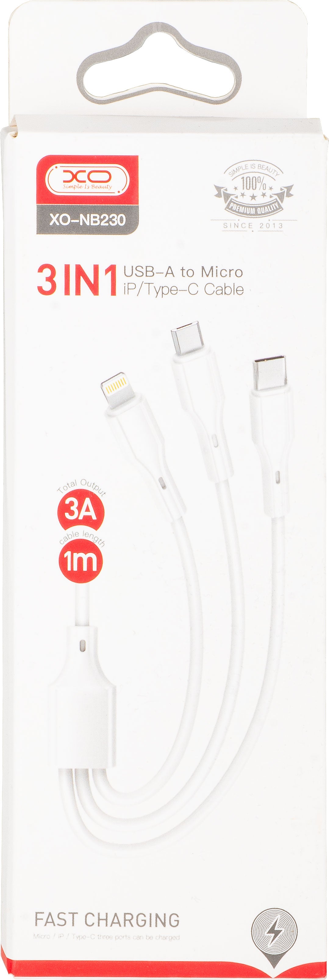 USB-A Charging Cable - Lightning / microUSB / USB-C XO Design NB230 3in1, 12W, 1m, White