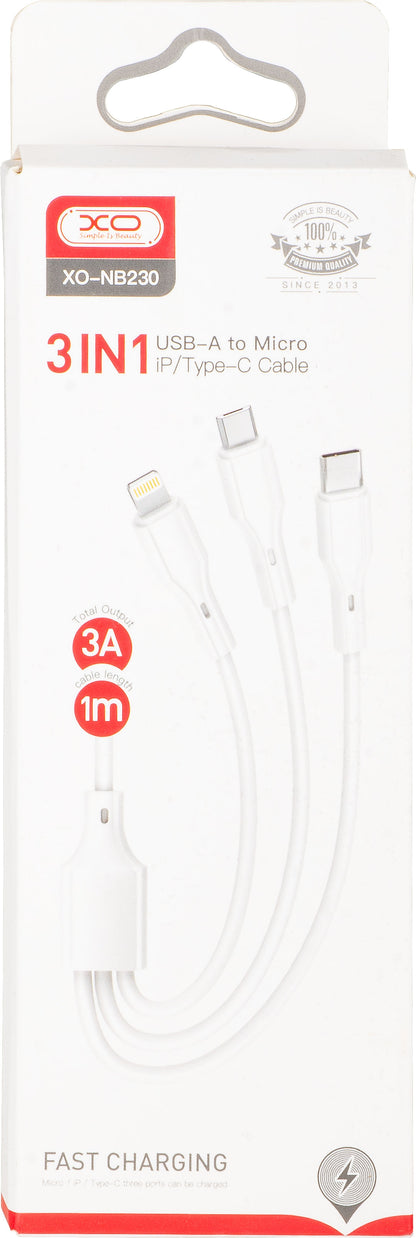 USB-A Charging Cable - Lightning / microUSB / USB-C XO Design NB230 3in1, 12W, 1m, White