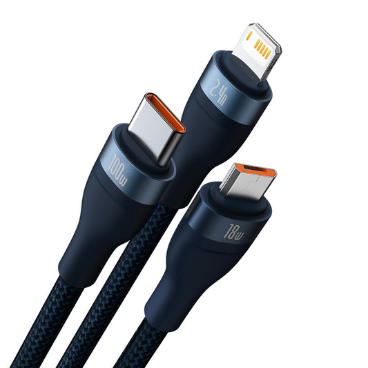 Câble de Chargement USB-A - Lightning / microUSB / USB-C Baseus Flash Series II 3en1, 100W, 1.2m, Bleu CASS030003