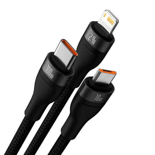 Câble de Chargement USB-A - Lightning / microUSB / USB-C Baseus Flash Series II 3en1, 100W, 1.2m, Noir CASS030001