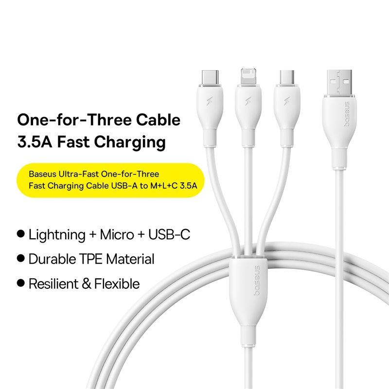 USB-A oplaadkabel - Lightning / microUSB / USB-C Baseus Ultra Fast 3in1, 18W, 1,3m, Wit P10376303211-00