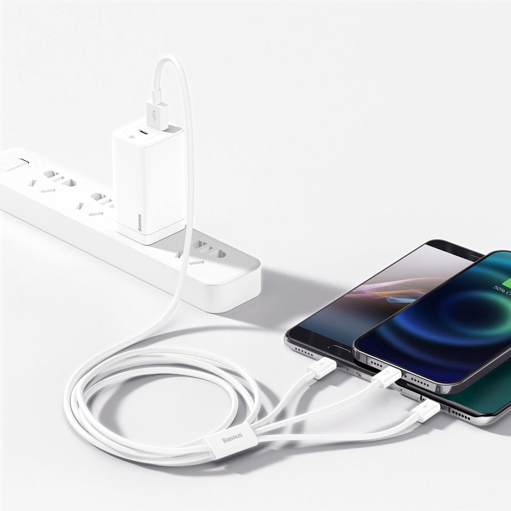 Câble de Chargement USB-A - Lightning / microUSB / USB-C Baseus Superior 3in1 Series, 20W, 1m, Blanc P10320105221-00