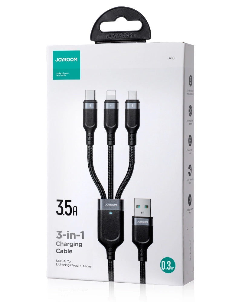 Câble de Chargement USB-A - Lightning / microUSB / USB-C Joyroom S-A18 3en1, 20W, 0.3m, Noir