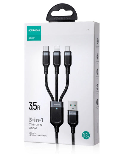 Câble de Chargement USB-A - Lightning / microUSB / USB-C Joyroom S-A18 3en1, 20W, 0.3m, Noir