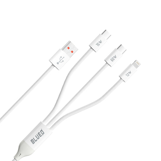 USB-A to Lightning / 2 x USB-C Blueo Charging Cable, 75W, 1.2m, White