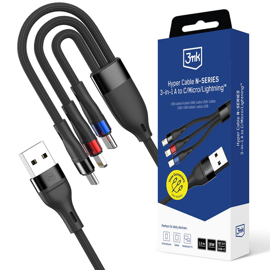 Oplaadkabel USB-A - Lightning / microUSB / USB-C 3MK Hyper N, 18W, 1.2m, Zwart