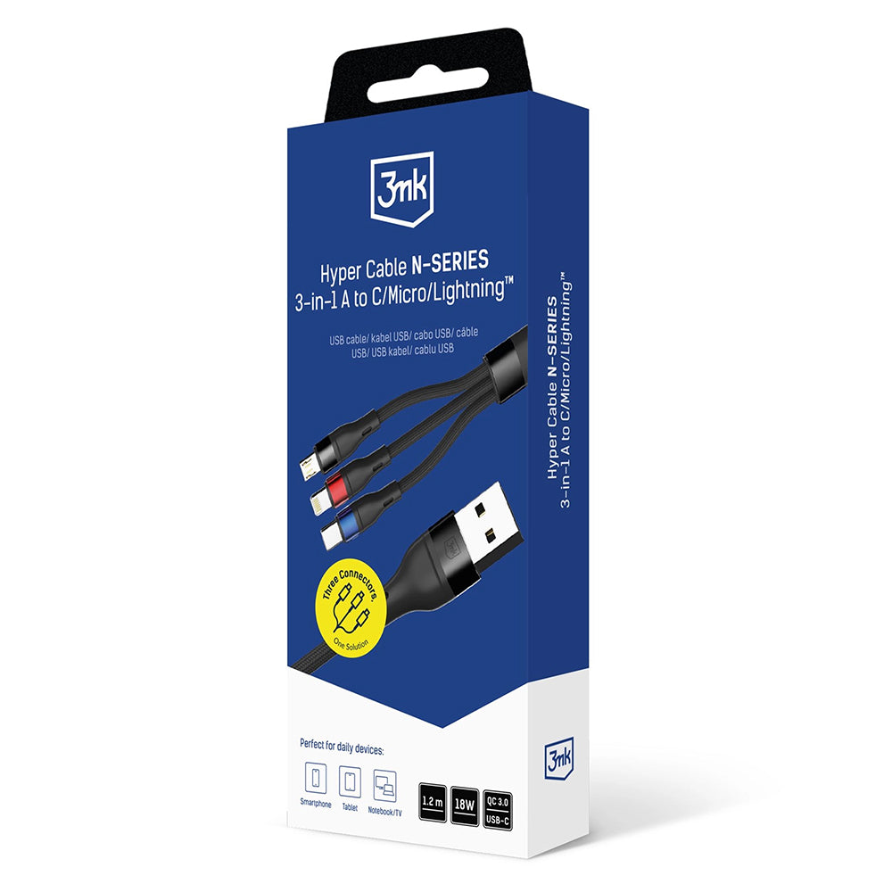 Ladekabel USB-A - Lightning / microUSB / USB-C 3MK Hyper N, 18W, 1,2m, Schwarz