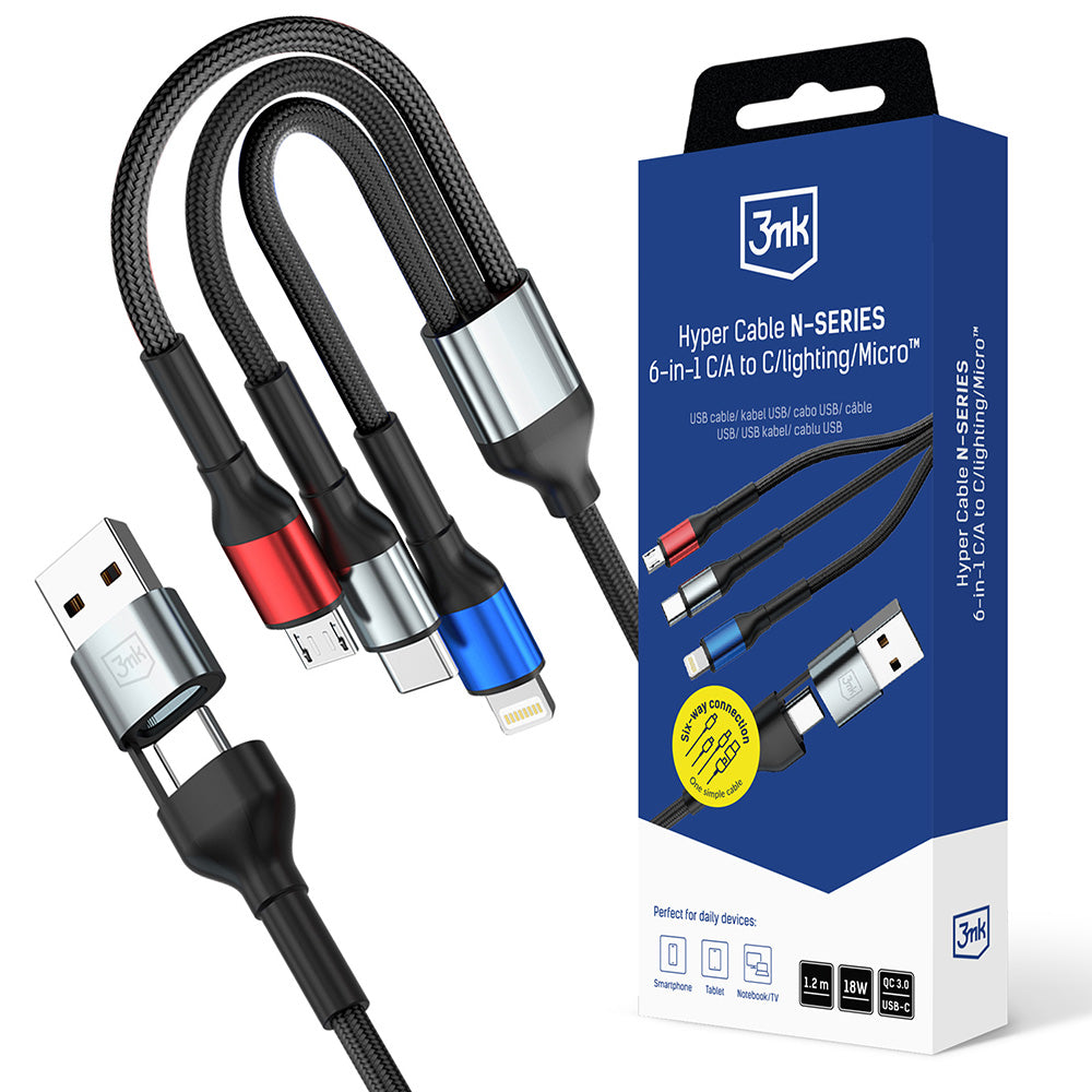 USB-A / USB-C Ladekabel - Lightning / microUSB / USB-C 3MK Hyper N, 18W, 1.2m, Schwarz