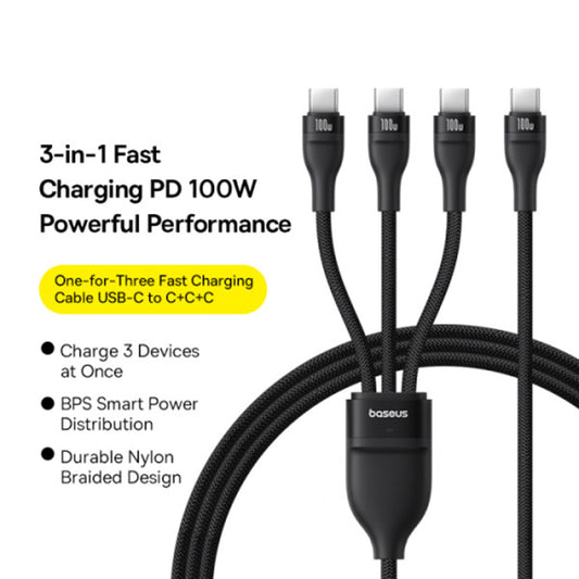 USB-C Oplaadkabel - 3 x USB-C Baseus Flash Series III 3in1, 100W, 1.5m, Zwart P10377503111-00