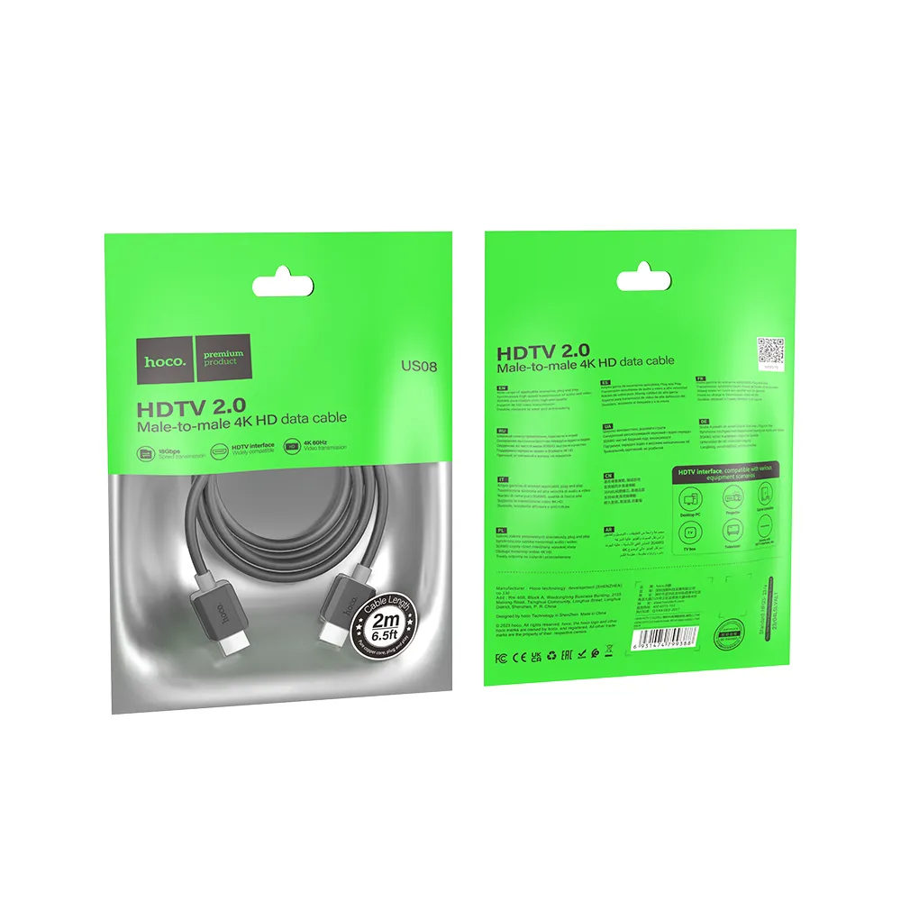 Câble Vidéo HOCO US08, HDMI - HDMI, 4K, 2m, Noir