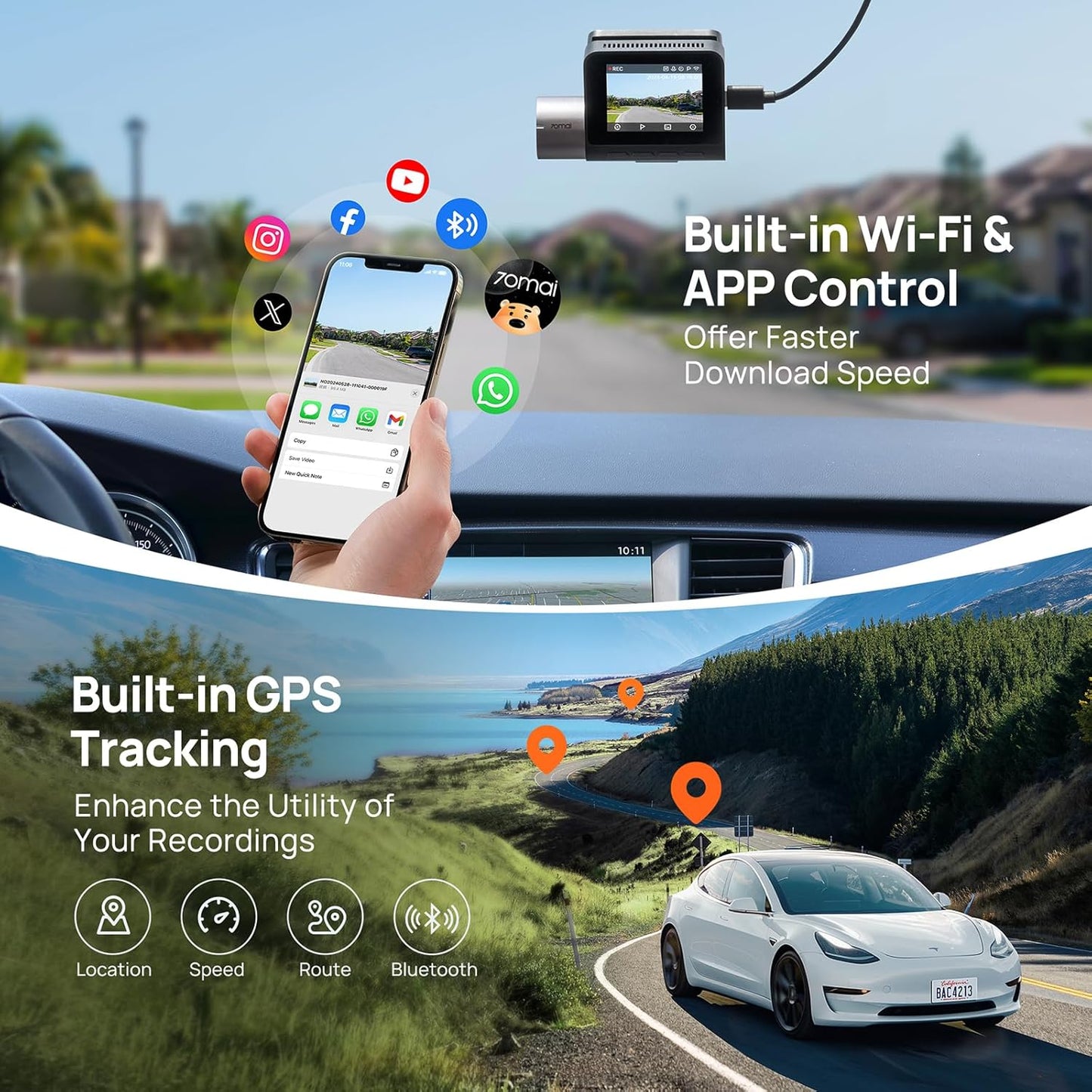 Caméra Auto 70mai Dash Cam A510, 3K, GPS, Wi-Fi, Affichage 2 pouces 2AOK9-A510