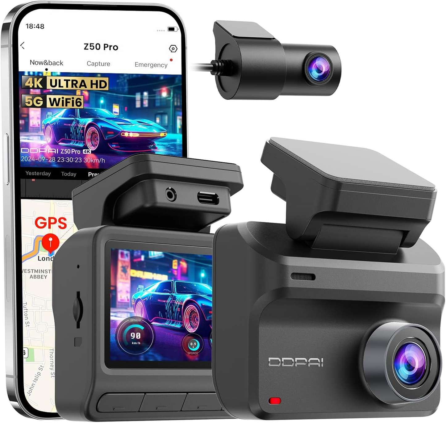 Caméra Auto Avant Arrière DDPAI Z50 Pro Dual, 4K, Wi-Fi, GPS, Écran 3 pouces
