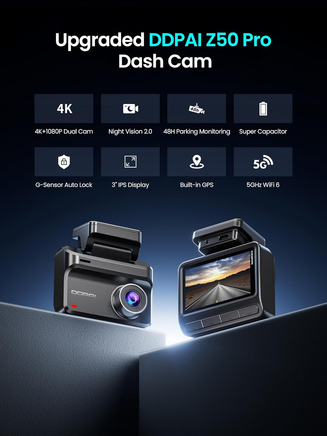 Caméra Auto Avant Arrière DDPAI Z50 Pro Dual, 4K, Wi-Fi, GPS, Écran 3 pouces