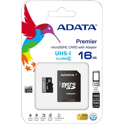 Geheugenkaart microSDHC Adata Premier, 16Gb, Klasse 10 / UHS-1 U1, Met Adapter AUSDH16GUICL10-RA1 AUSDH16GUICL10-RA1 