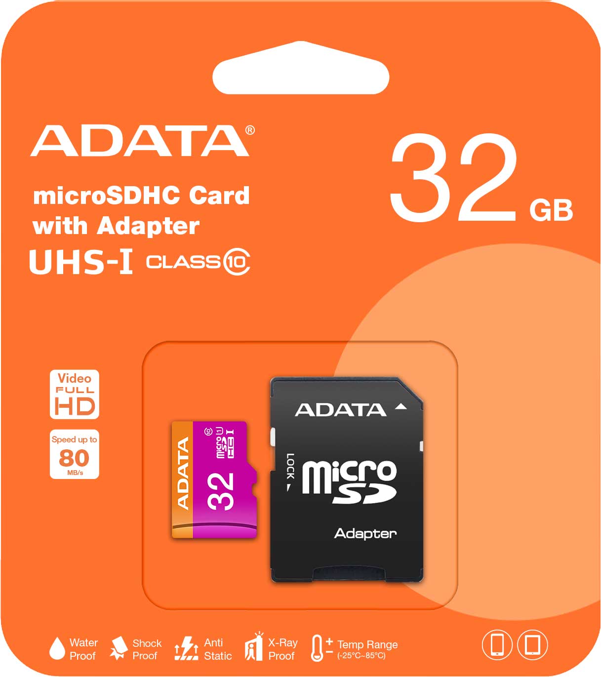 Carte mémoire Adata microSDHC, 32 Go, Classe 10 / UHS-1 U1, avec adaptateur AUSDHDH32GUICL10-RA1