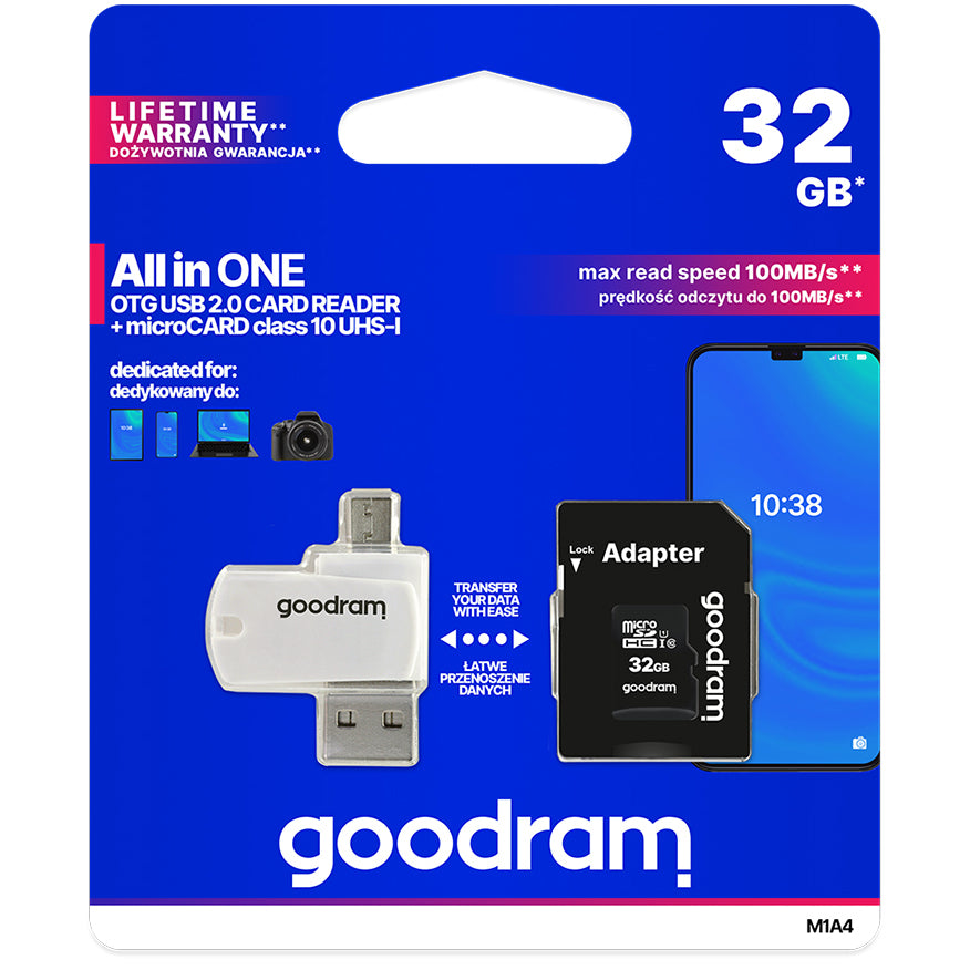 GoodRam microSDHC Memory Card, 32GB, Class 10 / UHS-1 U1, With Card Reader and Adapter M1A4-0320R12