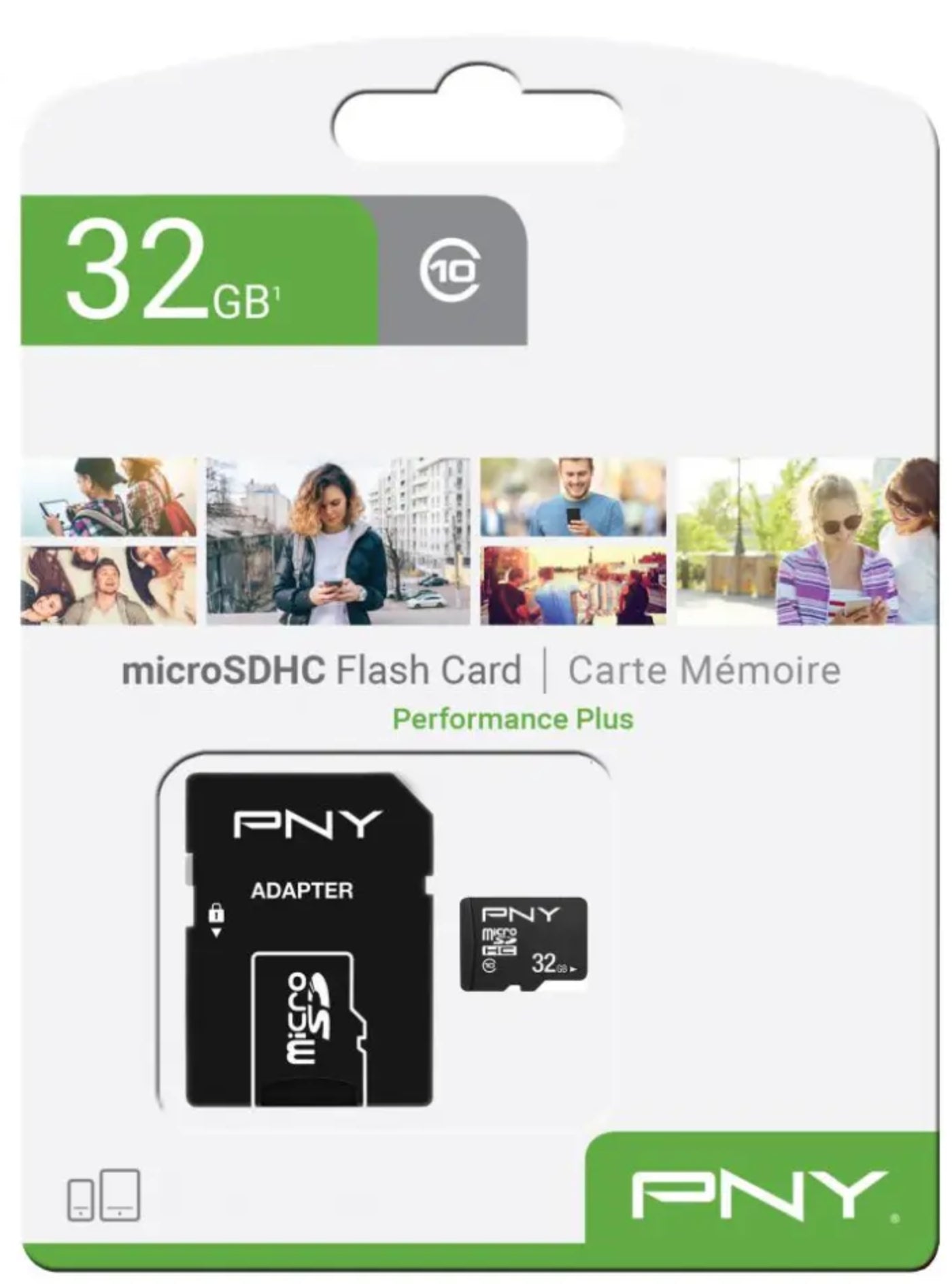 MicroSDHC Geheugenkaart PNY Performance Plus, 32Gb, Klasse 10, Met Adapter P-SDU32G10PPL-GE